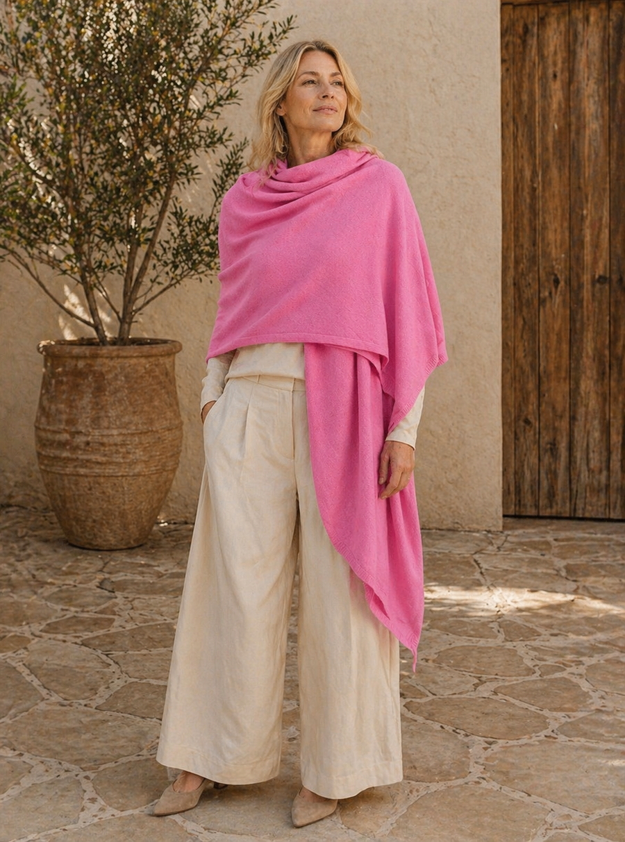 Julian 100% Cashmere Knitted 2 Ply  Extra large Travel Wrap/Shawl-Dark Pink