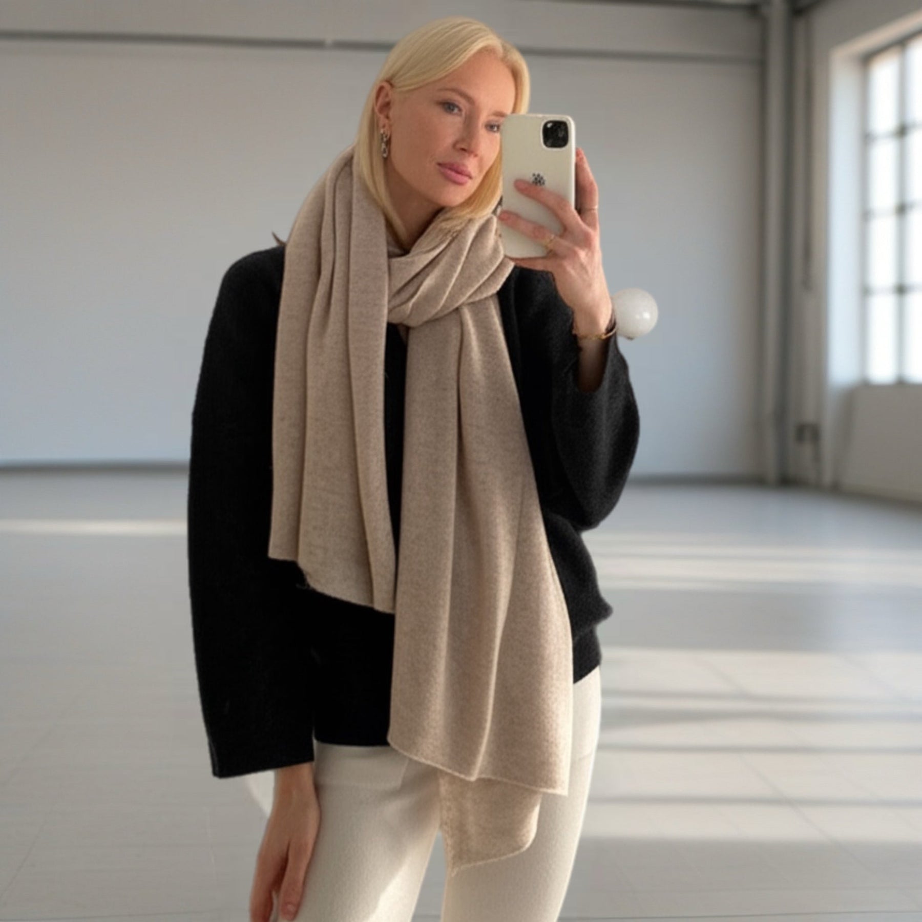 Beige Julian 100% Cashmere Knitted 2 Ply  Extra large Travel Wrap/Shawl