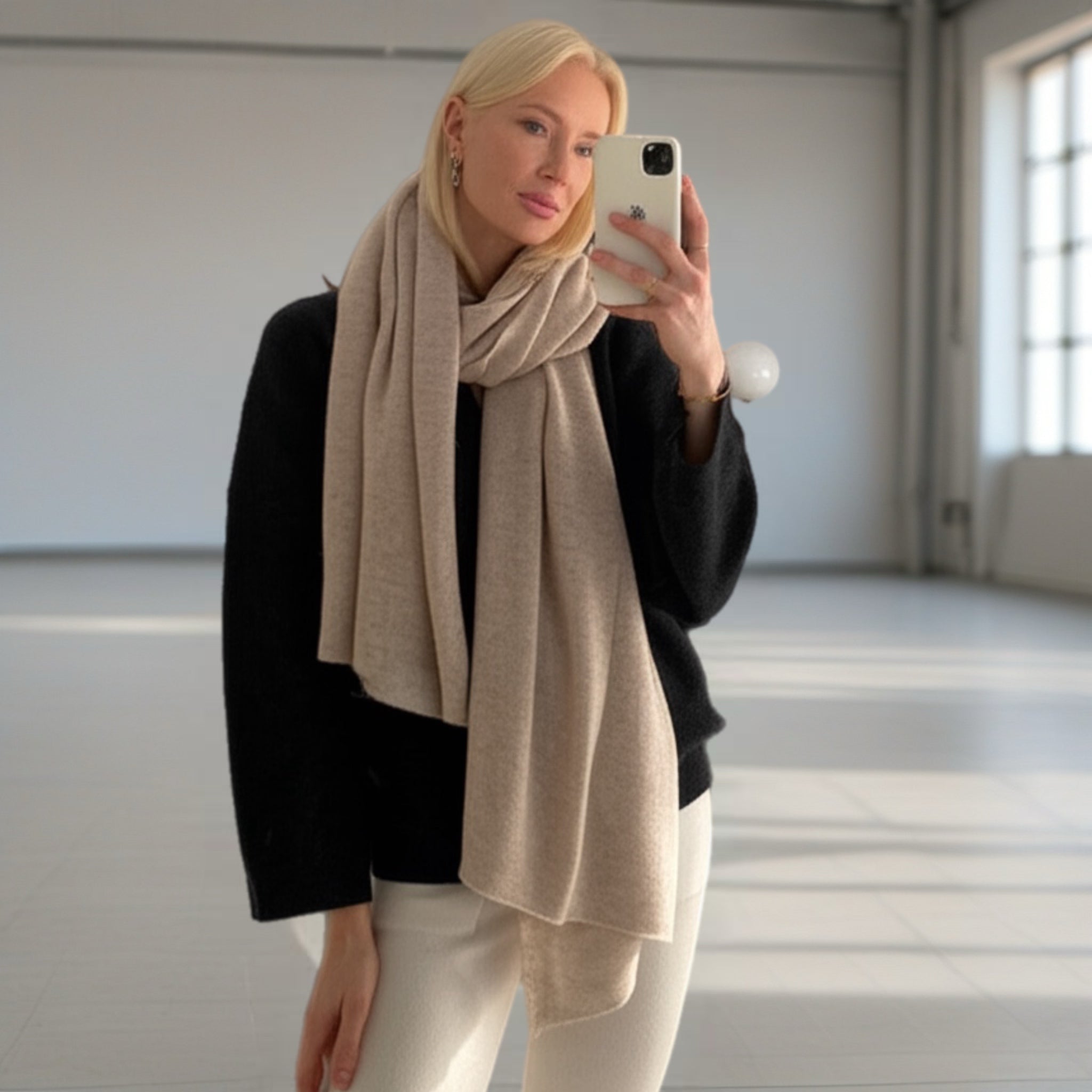 Beige Julian 100% Cashmere Knitted 2 Ply  Extra large Travel Wrap/Shawl