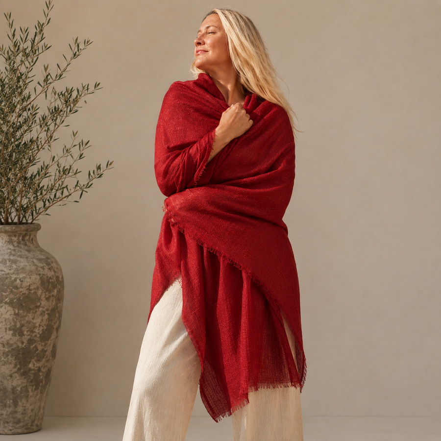 Julian Oversized handwoven pure cashmere scarf- Burgundy Wine
