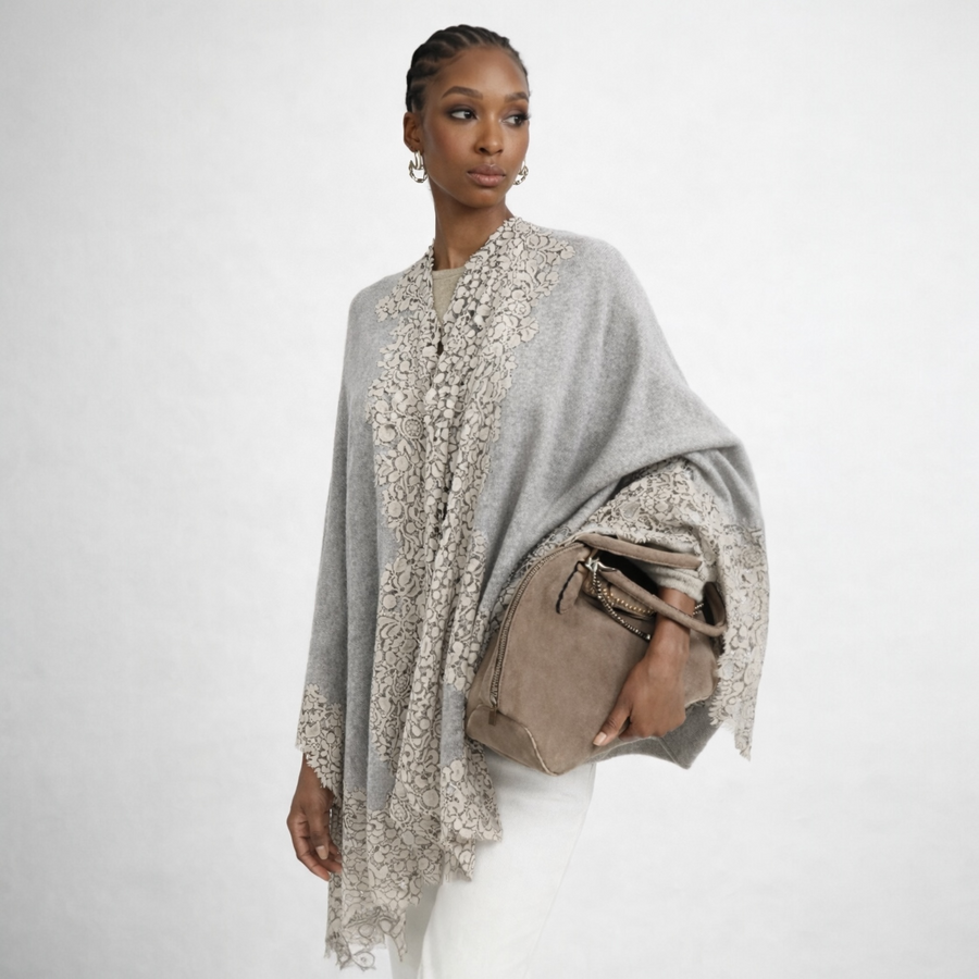 Julian Cashmere Oversized Cape Shawl with Lace More style available
