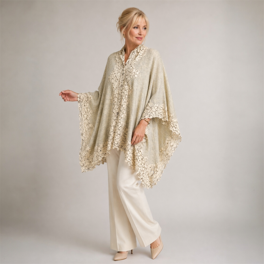 Julian 100% Cashmere Oversized Knitted Cape with Lace
