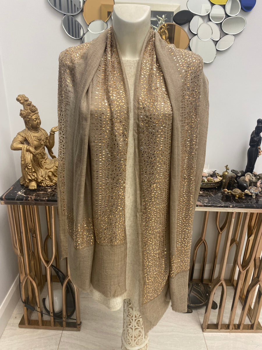 Julian Pure Cashmere Bronze Beaded Crystals Handwoven Wedding Wrap Scarf