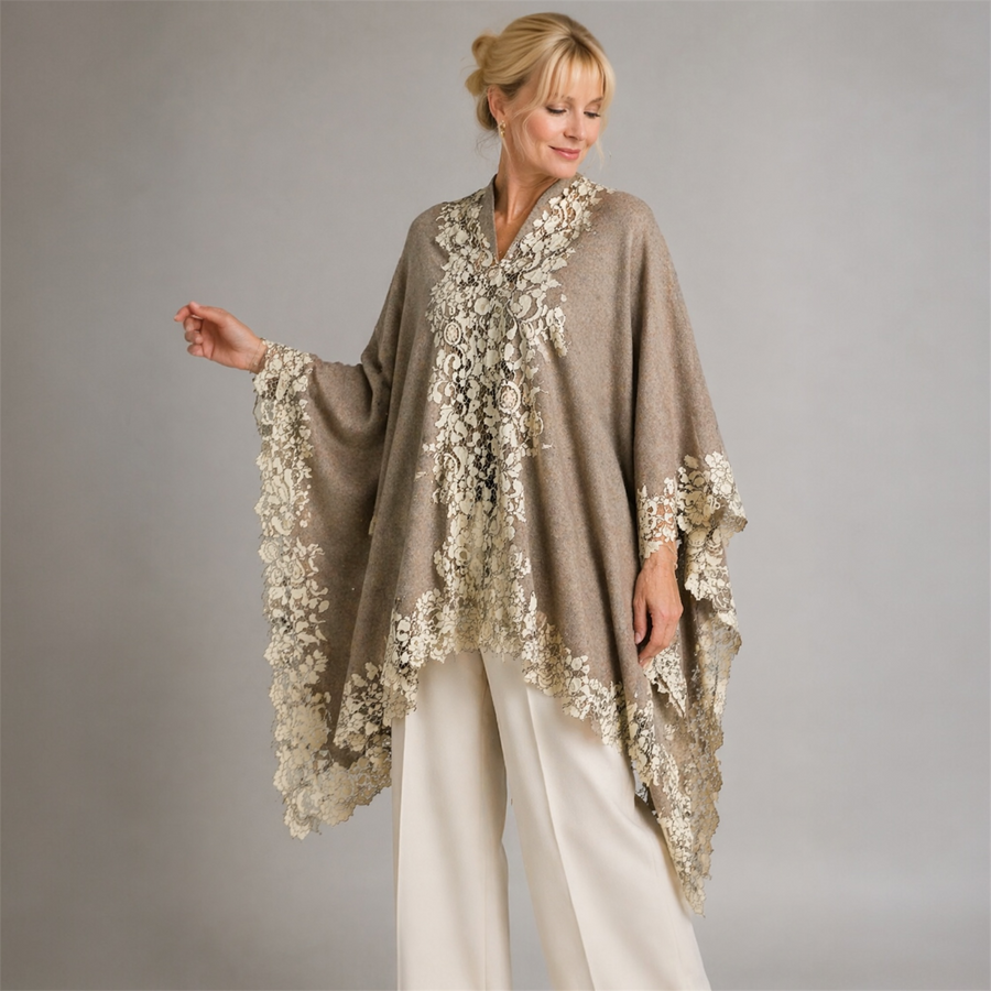 Julian Cashmere Knitted Oversized Cape Shawl with Lace