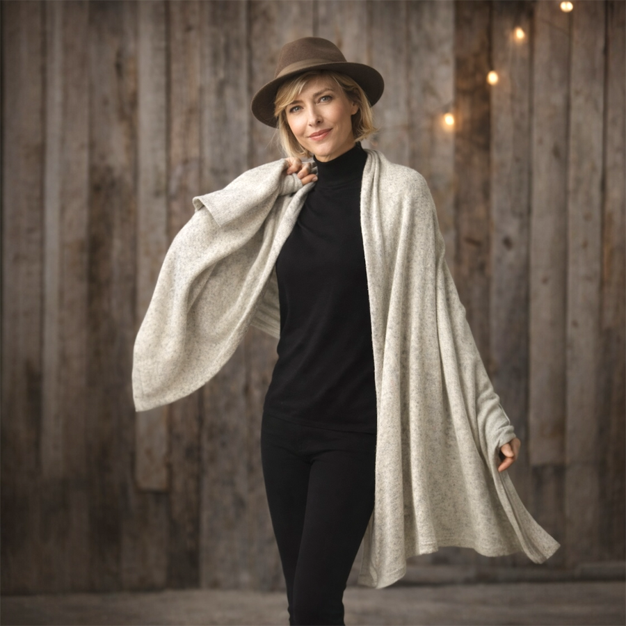 Ivory Grainy 100% Cashmere Knitted Julian Travel Wrap/ Scarf