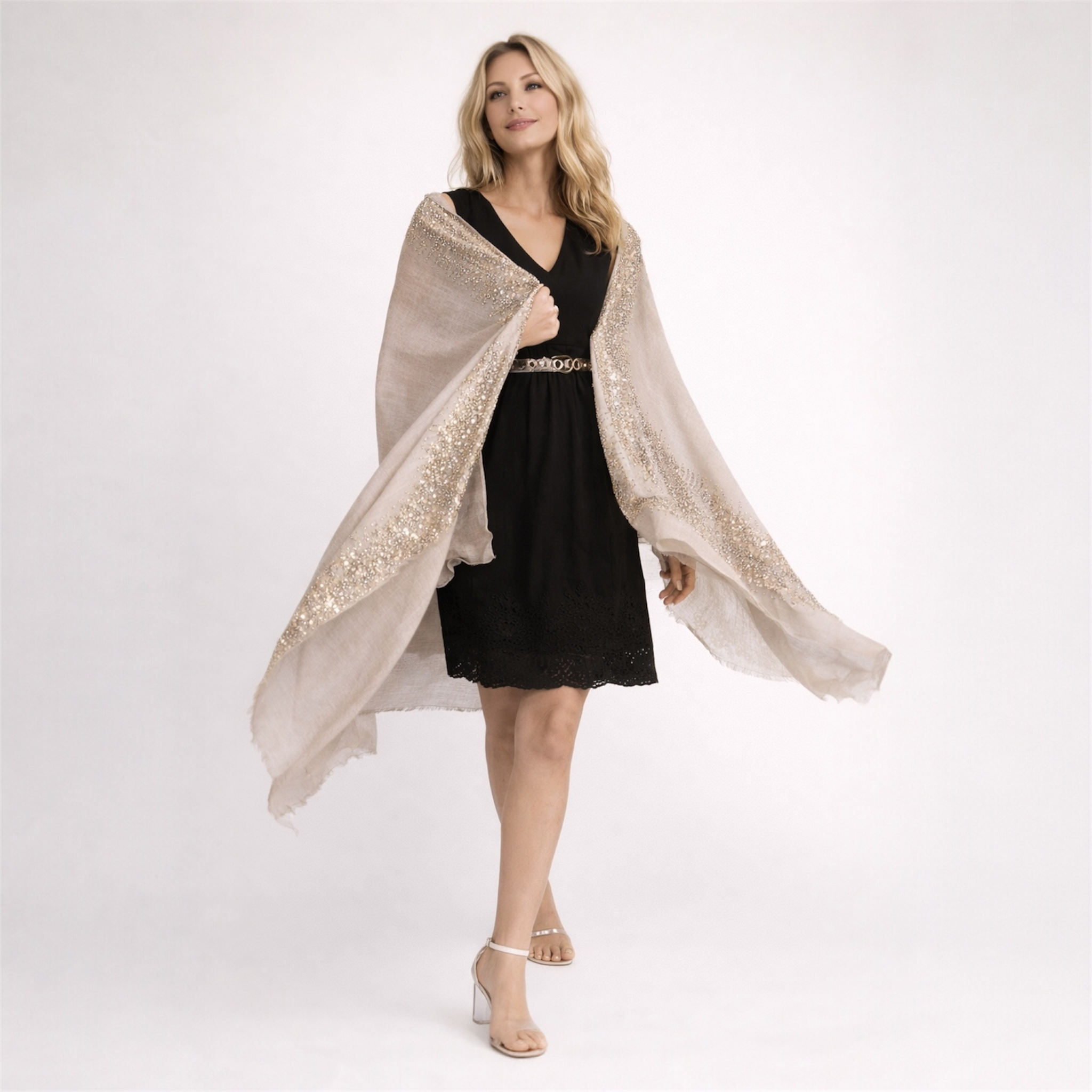 Julian Pure Cashmere Silver Beaded Crystals Handwoven Wedding Wrap Scarf