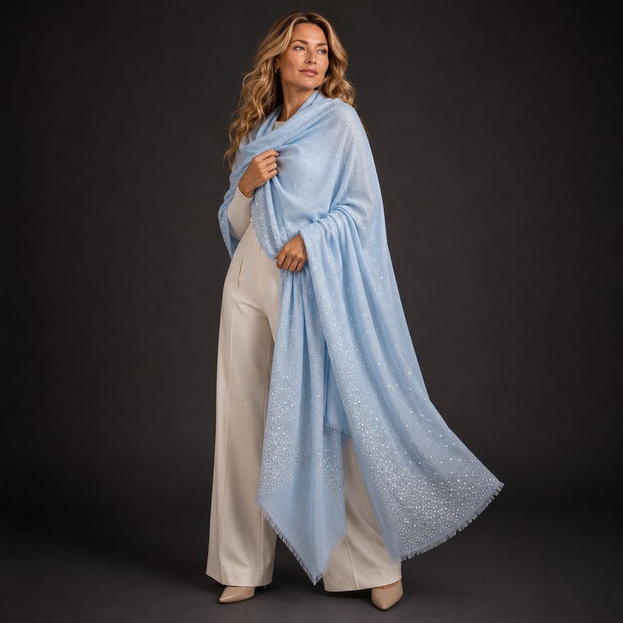 Julian Cashmere Oversized Ultralight Heavily Beaded Wedding Wrap Shawl-Ice Blue