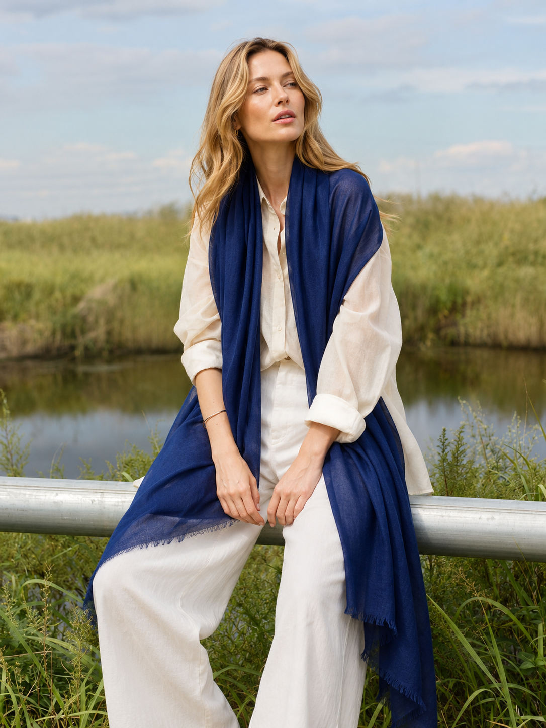 Mklane Luxe Julian Oversized handwoven pure cashmere Travel Wrap- Imperial Blue