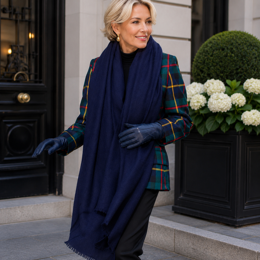 Navy Julian handwoven pure Cashmere Travel Wrap