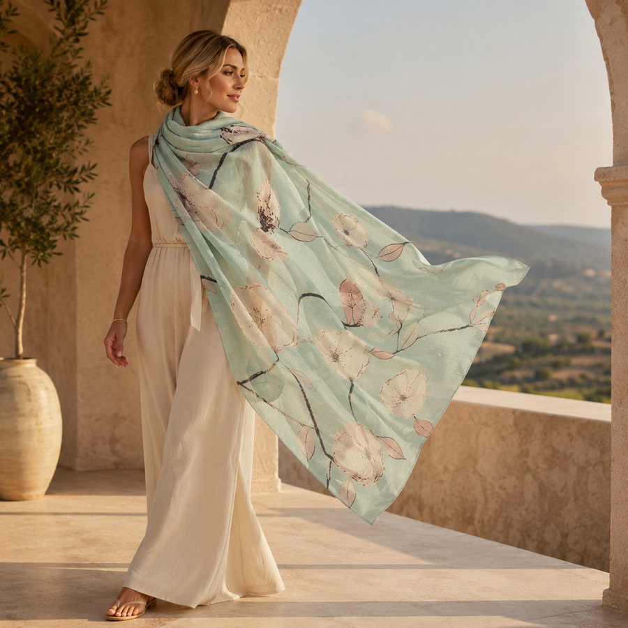 Cashmere Printed Wearable art Julian Ultralight Scarf-Anais Sea
